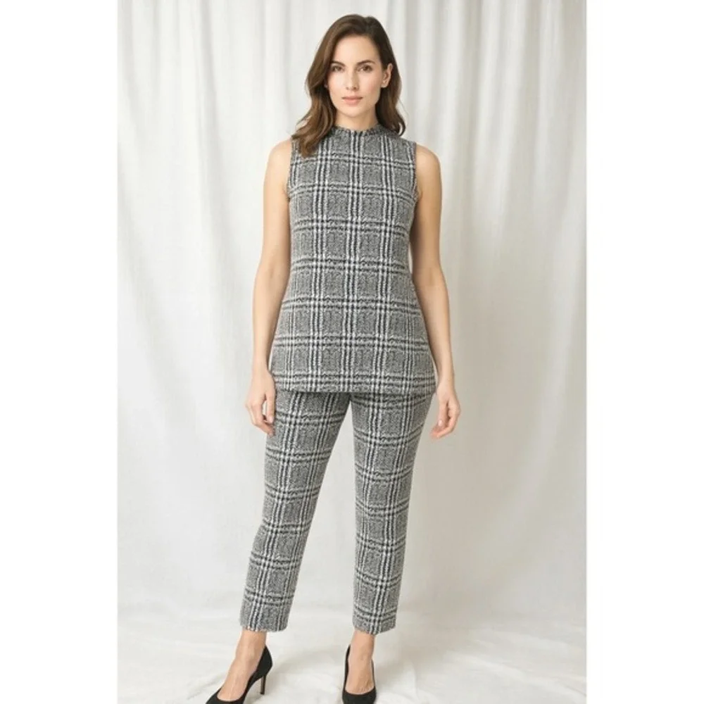 Michael Kors Black‎ White Plaid Mock Neck Sleeveless Tunic Top L Preppy 86-34